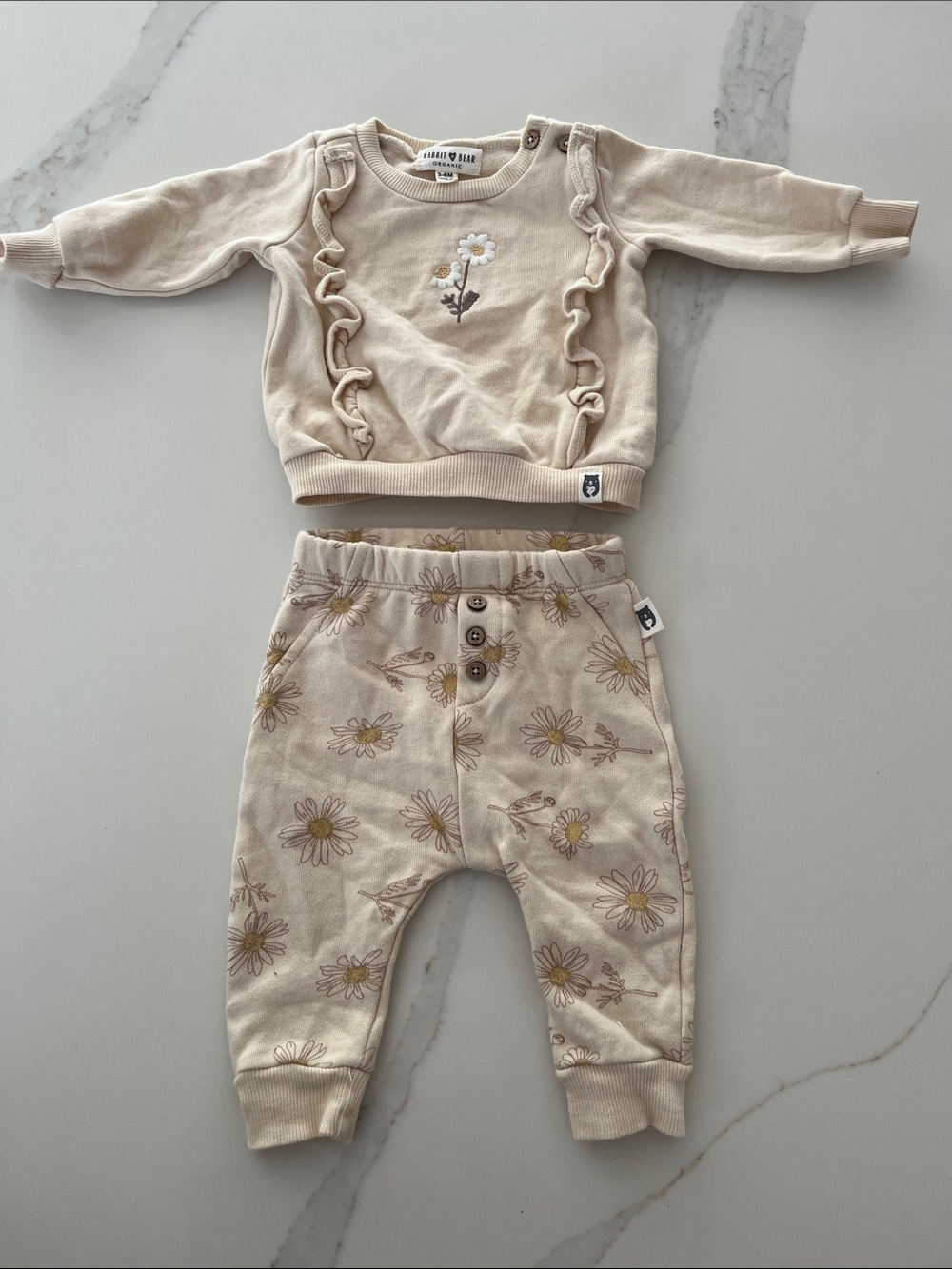 Baby Daisy Ruffle Sweatshirt & Floral Jogger Set - Cream